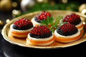 AI generated Black and red fish caviar. Canapes with caviar photo