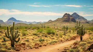 AI generated Wild West Texas desert landscape with mountains and cacti. photo