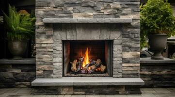 AI generated Stone gas fireplace in the garden in the outdoor kitchen photo