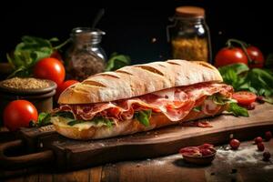 AI generated Sandwich with prosciutto, tomato and cheese on a wooden rustic background. photo