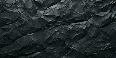 AI generated Rock texture with cracks. Black stone background with copy space for design. Wide banner. photo