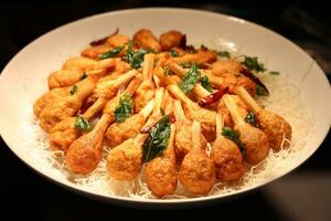 Fried chicken with sweet and sour sauce in a white bowl. photo