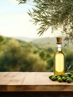 AI generated Empty wooden table with olives and a bottle of olive oil. Natural podium, background suitable for products presentation photo