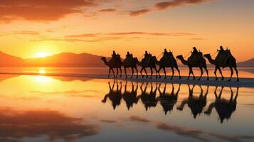 AI generated Caravan of camels on the salt lake at sunrise. photo