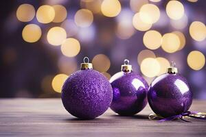 AI generated Christmas decorations with purple christmas balls and place for text. photo