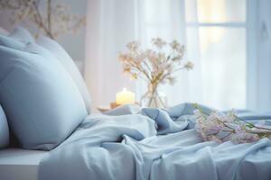 AI generated Cozy blue bedroom with flowers and candles. Bedroom with bed, pillow and duvet. photo