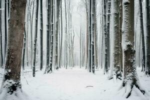 ai generado árbol bañador en denso Nevado bosque en invierno. foto