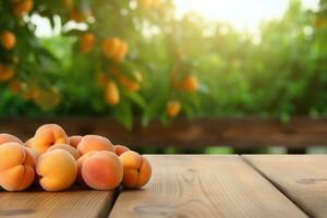 AI generated Wooden table top with apricots on blur background with apricot orchard photo