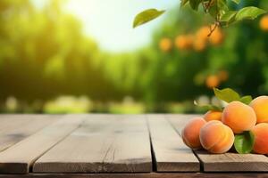 AI generated Wooden table top with apricots on blur background with apricot orchard photo