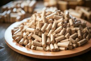 AI generated Pile of wood pellets on table. Ecologic fuel made from biomass. Renewable energy source. photo