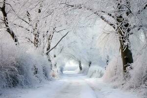 AI generated Winter walking path and trees covered with hoar frost. photo