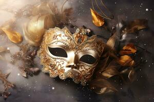 ai generado festivo veneciano carnaval máscara en gris fondo, nuevo año celebracion foto