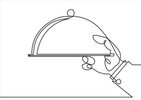 mano servicio bandeja de alimento continuo línea dibujo vector