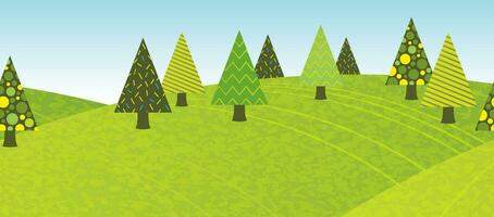 Vector Seamless Hilly Spring Forest Background Illustration. Horizontally Repeatable.