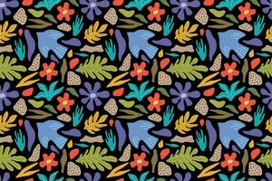 Seamless abstract floral pattern. Bird, flowers, plants on a black background. vector