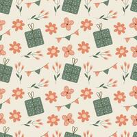 Seamless birthday pattern. Gift box, flowers and holiday flags on a beige background. vector