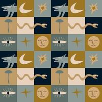 Vector esoteric pattern. Mystical animals and elements in squares. Snake, wolf, plants and mushrooms