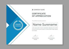 blue modern certificate of appreciation template design vector