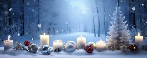 ai generado invierno bosque paisaje con ardiente velas Navidad decoración. ai generado foto