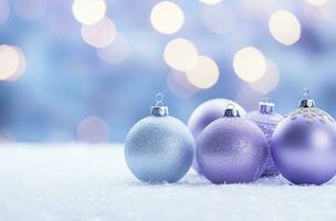 ai generado Navidad decoraciones pelota en nieve antecedentes. ai generado foto