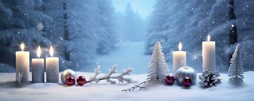 ai generado invierno bosque paisaje con ardiente velas Navidad decoración. ai generado foto