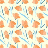 Flowers Peach fuzz color trend year 2024 pattern with blue leaves on pastel yellow background. vector