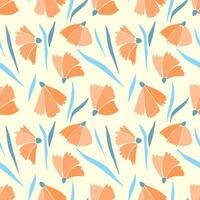 Flowers Peach fuzz color trend year 2024 pattern with blue leaves on pastel yellow background. vector