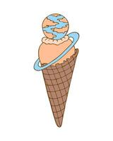 Ice Cream coloring trend 2024 Peach fuzz and blue. Peach or vanilla ice cream and planet, hand drawing doodle. Isolated, white background. vector