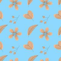 Pattern flowers Peach fuzz color trend 2024 doodle hand drawn on blue background. vector