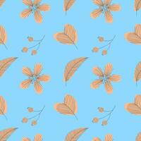 Pattern flowers Peach fuzz color trend 2024 doodle hand drawn on blue background. vector