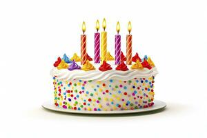 AI generated Colourful birthday cake with candles isolated on white background. AI Generated photo