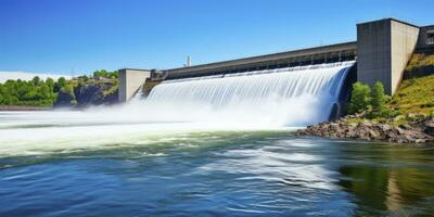 ai generado hidroeléctrico represa generando verde energía desde fluido agua. ai generado. foto