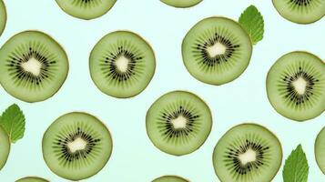 AI generated Slices of kiwi fruit and green mint leaves on a light pastel blue background. AI Generated photo