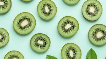 ai generado rebanadas de kiwi Fruta y verde menta hojas en un ligero pastel azul antecedentes. ai generado foto