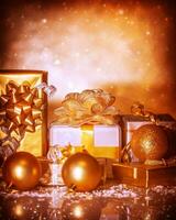 Golden presents and gift boxes photo