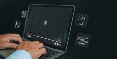 Business people are using computers to learning online with webinar, video tutorial, internet lessons, webinar, education online concept, video tutorial, education concept, technology education photo