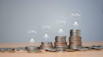 Stacking coins different height with percentage for interest rates from different investment, Investor, trader, investment, fund, stock market, Financial profit return and dividend concept. photo