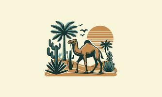 camels walking amidst the desert and date palm trees vector design