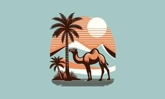 camels walking amidst the desert and date palm trees vector design