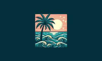 ver hermosa mar con palma puesta de sol vector plano diseño