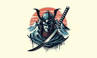 samurai máscara con katana antecedentes montaña vector diseño