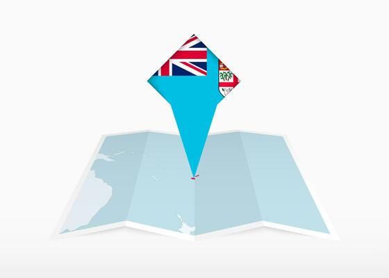 Fiji is depicted on a folded paper map and pinned location marker with flag of Fiji.