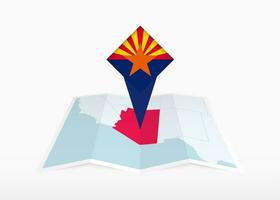 Arizona is depicted on a folded paper map and pinned location marker with flag of Arizona. vector