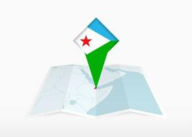 Djibouti is depicted on a folded paper map and pinned location marker with flag of Djibouti. vector