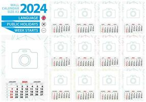 a3 Talla pared calendario 2024 año con resumen forrado antecedentes y sitio para usted foto. vector