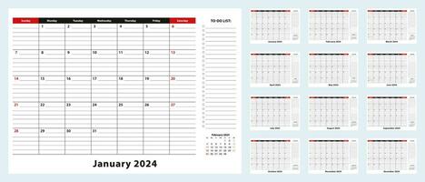 vector mensual escritorio almohadilla calendario, enero 2024 - diciembre 2024. calendario planificador con que hacer lista y sitio para notas