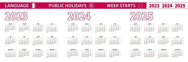 2023, 2024, 2025 year vector calendar in French language, week starts on Sunday.