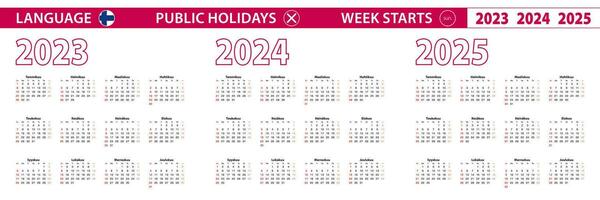 2023, 2024, 2025 year vector calendar in Finnish language, week starts on Sunday.