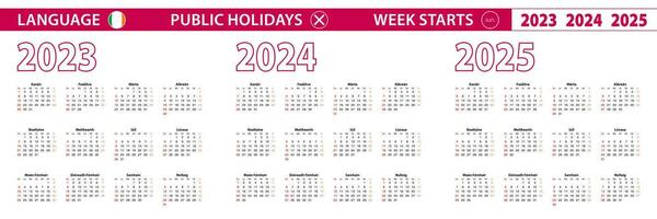 2023, 2024, 2025 year vector calendar in Irish language, week starts on Sunday.