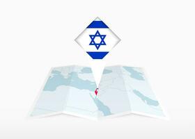 Israel is depicted on a folded paper map and pinned location marker with flag of Israel. vector